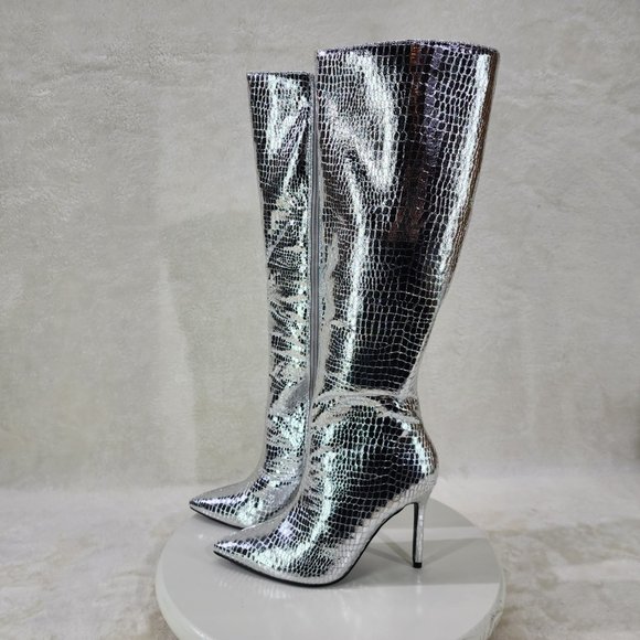 Silver Metallic  Festive   Pointy Toe Boots With 4 inch Stiletto Heel - Picture 4 of 11
